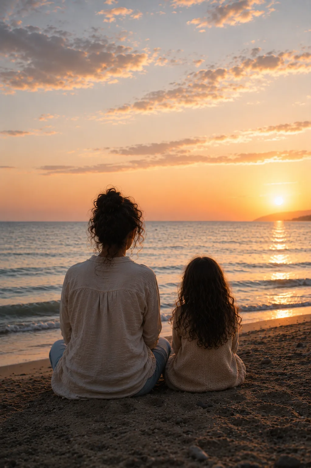 Frau und Kind sitzen am Strand im Sonnenuntergang